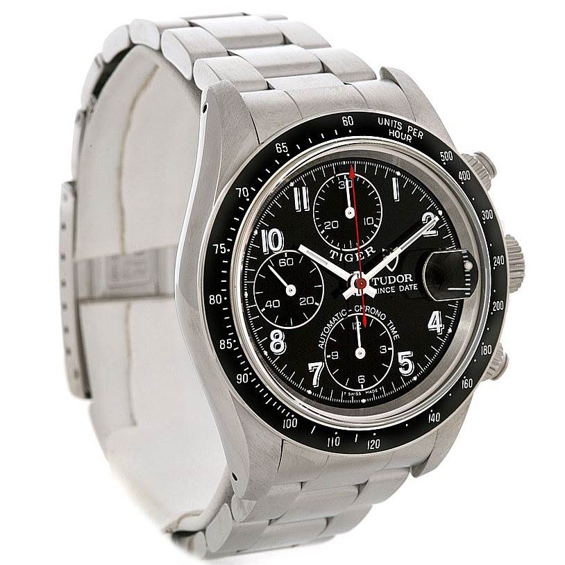 The Tudor Prince model watch is shown at a three-quarter angle, displaying the dial, bezel, case, and bracelet.