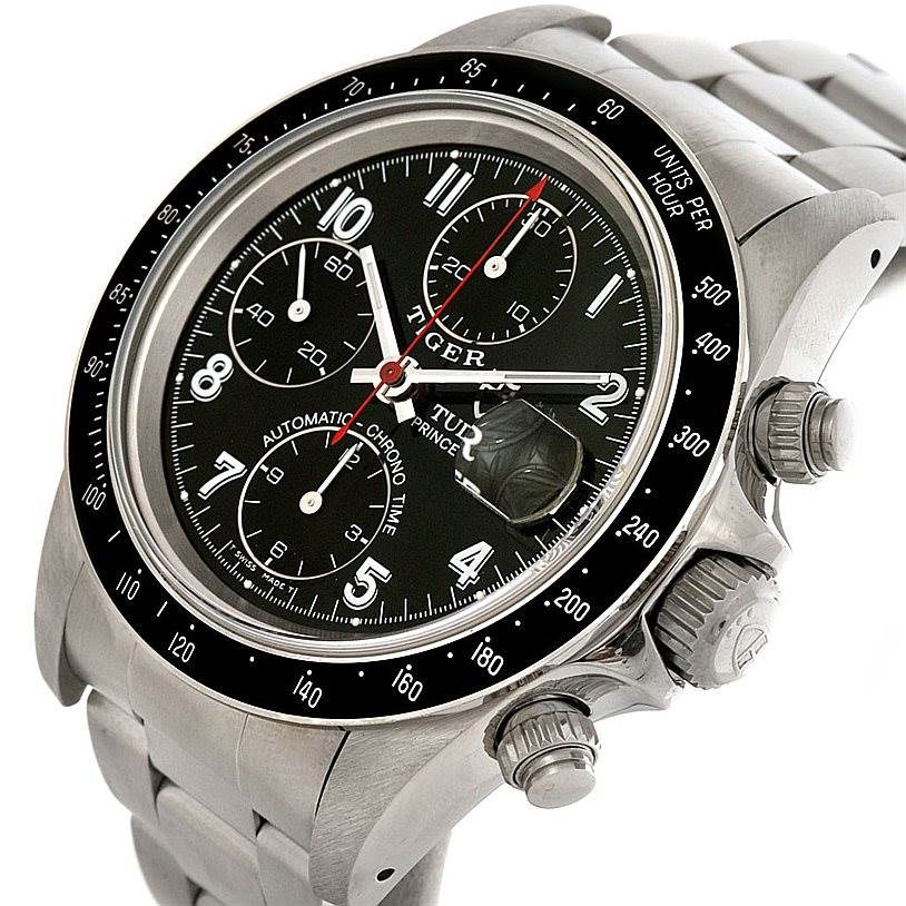 This Tudor Prince watch image shows a side-angle view featuring the dial, bezels, crown, and pushers.