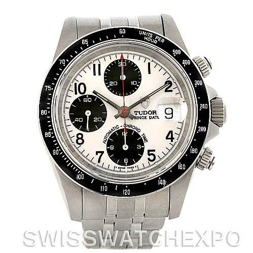 The image shows a front view of the Tudor Prince 79260 Men's Stainless Steel White Dial 79260 Men's Stainless Steel White Dial Date watch, highlighting the dial, bezel, and part of the bracelet.