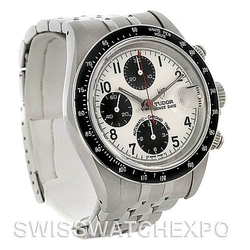 The image shows a Tudor Prince 79260 Men's Stainless Steel White Dial 79260 Men's Stainless Steel White Dial Date watch at a three-quarter angle, highlighting the dial, bezel, bracelet, and chronograph features.