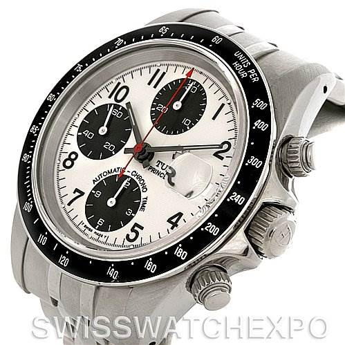 The image shows a side angle of the Tudor Prince 79260 Men's Stainless Steel White Dial 79260 Men's Stainless Steel White Dial chronograph watch, highlighting the face, bezel, pushers, and crown.