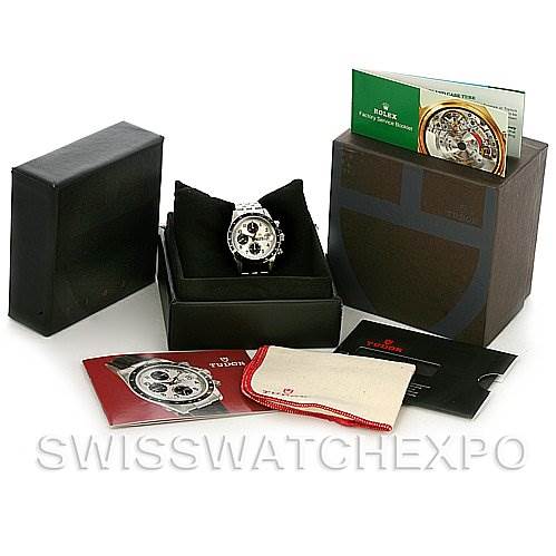 The image shows the Tudor Prince 79260 Men's Stainless Steel White Dial 79260 Men's Stainless Steel White Dial model watch, its box, manuals, and a cloth, taken from an angled top view.
