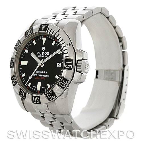 The image shows a side angle of the Tudor Hydronaut 20030 Men's Stainless Steel Black Dial 20030 Men's Stainless Steel Black Dial watch, displaying the watch face, bezel, case, and part of the bracelet.