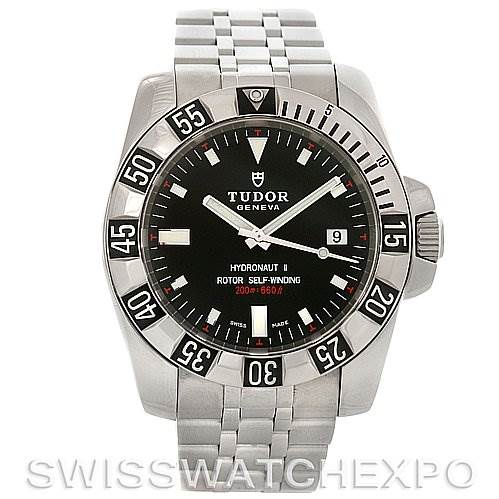 The image shows a front view of the Tudor Hydronaut 20030 Men's Stainless Steel Black Dial 20030 Men's Stainless Steel Black Dial watch, highlighting its dial, bezel, and metal bracelet.