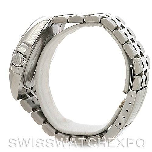 This image shows the side view of a Tudor Hydronaut 20030 Men's Stainless Steel Black Dial 20030 Men's Stainless Steel Black Dial watch, highlighting the crown, case, and metal bracelet.