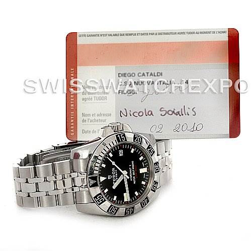 The Tudor Hydronaut 20030 Men's Stainless Steel Black Dial 20030 Men's Stainless Steel Black Dial watch is pictured from a slightly oblique angle, displaying its bracelet, bezel, and dial, alongside a certificate.