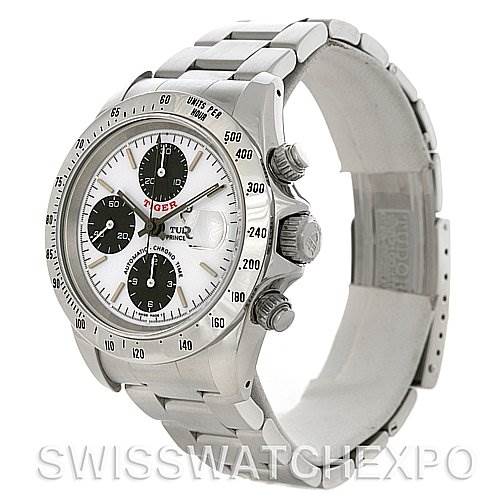 This image shows a side angle of a Tudor Tiger 79280 Men's Stainless Steel White Dial 79280 Men's Stainless Steel White Dial watch, highlighting the face, bezel, and stainless steel band.