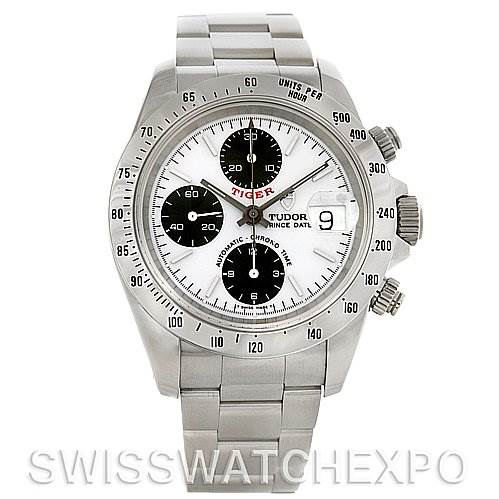 The image shows a front view of the Tudor Tiger 79280 Men's Stainless Steel White Dial 79280 Men's Stainless Steel White Dial watch, highlighting its three sub-dials, date window, and stainless steel bracelet.