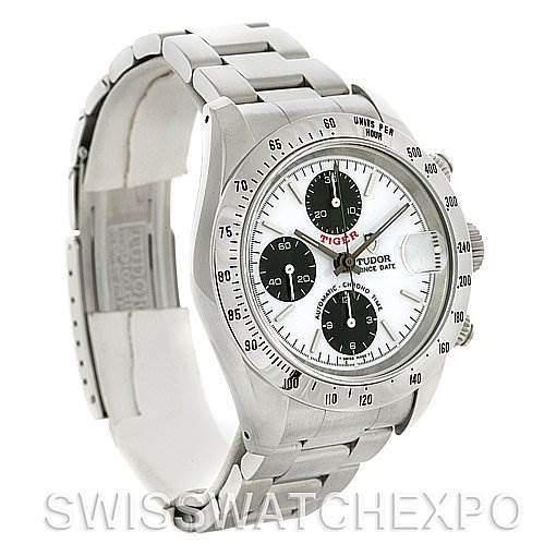 The image shows a Tudor Tiger 79280 Men's Stainless Steel White Dial 79280 Men's Stainless Steel White Dial model watch from a front-left angle, highlighting the face, bezel, and bracelet.
