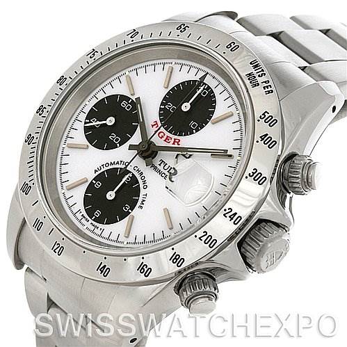 The Tudor Tiger 79280 Men's Stainless Steel White Dial 79280 Men's Stainless Steel White Dial watch is shown from a three-quarter angle, displaying its bezel, dial, subdials, crown, pushers, and bracelet.