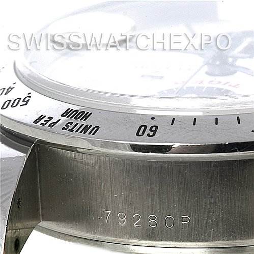 The image shows a close-up side view of the Tudor Tiger 79280 Men's Stainless Steel White Dial 79280 Men's Stainless Steel White Dial model watch, highlighting the bezel, crystal, and case with the model number 79280P.