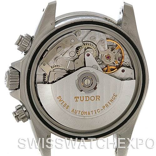 The image shows the case-back view of the Tudor Tiger 79280 Men's Stainless Steel White Dial 79280 Men's Stainless Steel White Dial model watch, highlighting its internal mechanism and automatic rotor.