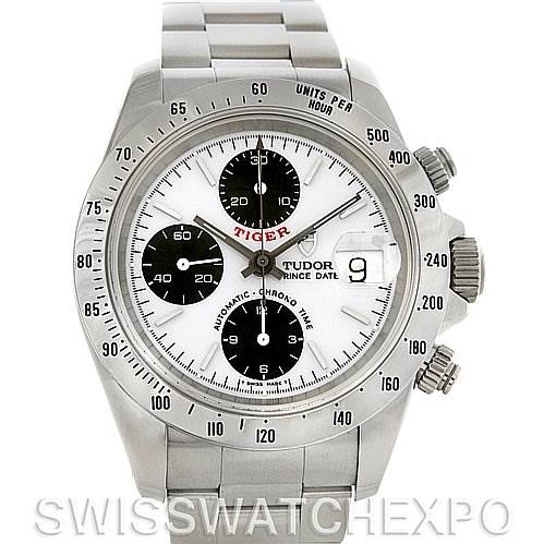 The image shows a Tudor Tiger 79280 Men's Stainless Steel White Dial 79280 Men's Stainless Steel White Dial model watch from a front angle, displaying the face, bezel, crown, pushers, and bracelet.