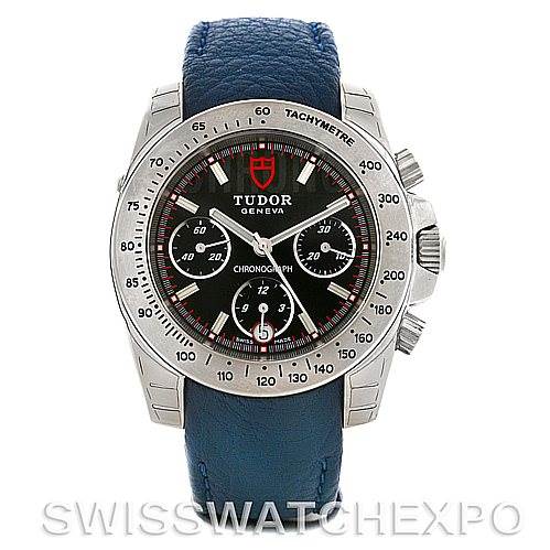 The image shows a front view of a Tudor Sport Chronograph 20300 Men's Stainless Steel Black Dial 20300 Men's Stainless Steel Black Dial watch, displaying the dial, bezel, and pushers with a blue leather strap.