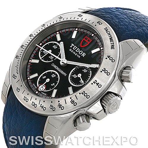 The image shows a Tudor Sport Chronograph 20300 Men's Stainless Steel Black Dial 20300 Men's Stainless Steel Black Dial watch at a tilted angle, highlighting the face, bezel, and side pushers.