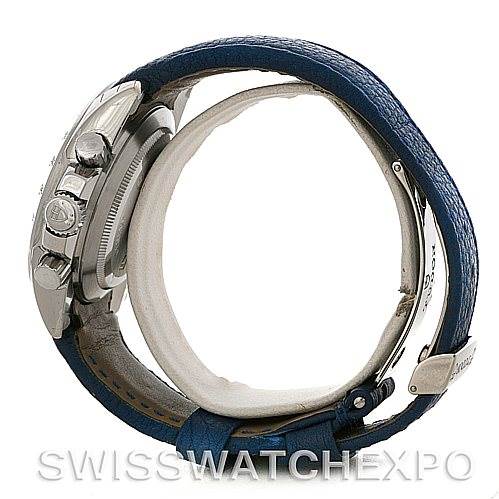 This image shows a side profile view of the Tudor Sport Chronograph 20300 Men's Stainless Steel Black Dial 20300 Men's Stainless Steel Black Dial watch with a focus on its blue leather strap and stainless steel case.