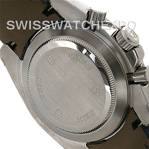 This image shows the back case and side crown of a Tudor Sport Chronograph 20300 Men's Stainless Steel Black Dial 20300 Men's Stainless Steel Black Dial watch at an angle.