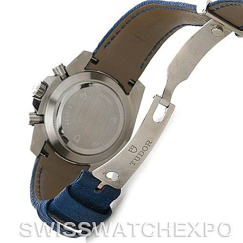 This image shows the back case and clasp of a Tudor Sport Chronograph 20300 Men's Stainless Steel Black Dial 20300 Men's Stainless Steel Black Dial watch, highlighting the strap and branding.