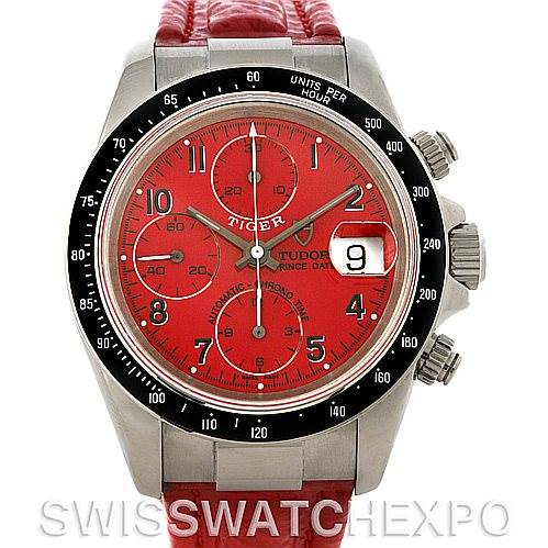 This image shows a frontal view of the Tudor Tiger 79260 Men's Stainless Steel Red Dial 79260 Men's Stainless Steel Red Dial watch, highlighting its red dial, chronograph sub-dials, and date window.