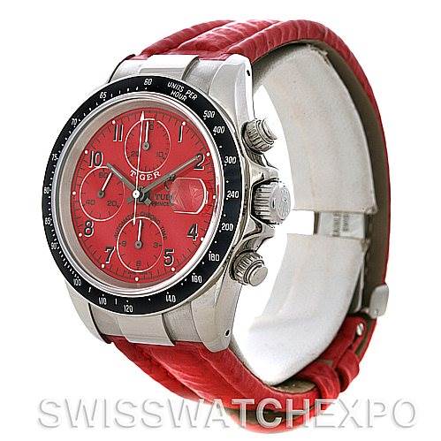 This image shows a side angle of the Tudor Tiger 79260 Men's Stainless Steel Red Dial 79260 Men's Stainless Steel Red Dial watch, highlighting the red dial, chronograph buttons, and red leather strap.