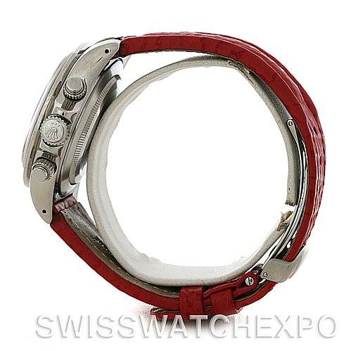 This image shows a side view of the Tudor Tiger 79260 Men's Stainless Steel Red Dial 79260 Men's Stainless Steel Red Dial watch, highlighting the crown, pushers, and case, with a red strap.