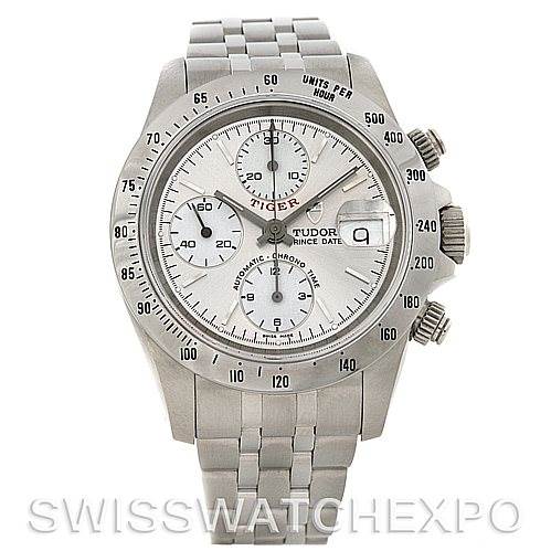 The image shows a front view of the Tudor Prince model watch, displaying its dial, bezel, crown, pushers, and bracelet.