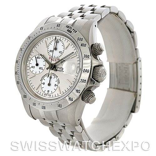 The image shows a Tudor Prince model watch from a slight side angle, displaying its face, bezel, chronograph buttons, and bracelet.