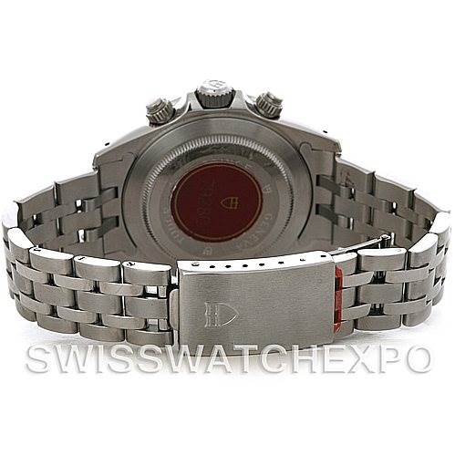 The image shows the back view of a Tudor Prince model watch, highlighting the case back, crown, pushers, and bracelet with clasp.