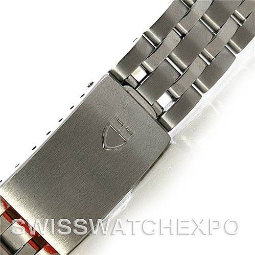 This image shows the closed clasp and part of the metal bracelet of the Tudor Prince watch.