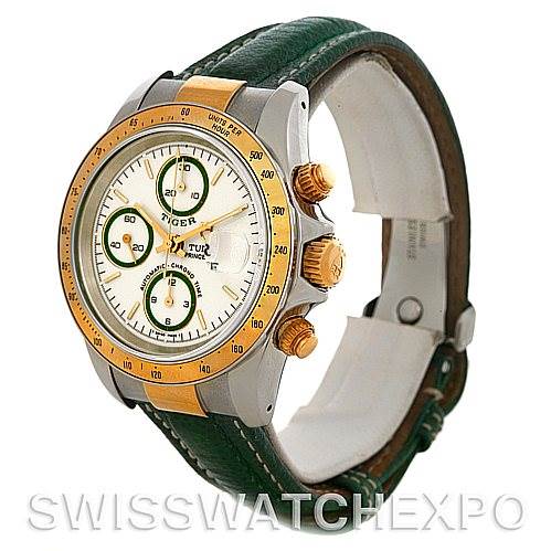 The Tudor Tiger 79263 Men's Steel and Gold (two tone) White Dial 79263 Men's Steel and Gold (two tone) White Dial model watch is shown at an angled side view, highlighting the bezel, dial, crown, and pushers.