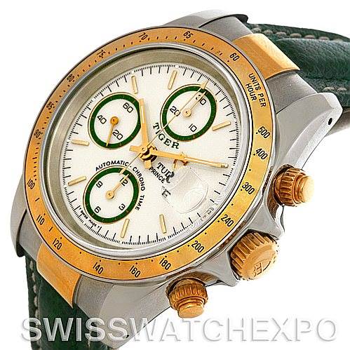 The image shows a Tudor Tiger 79263 Men's Steel and Gold (two tone) White Dial 79263 Men's Steel and Gold (two tone) White Dial model watch from an angled side view, featuring the face, bezel, and crown.