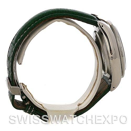 The Tudor Tiger 79263 Men's Steel and Gold (two tone) White Dial 79263 Men's Steel and Gold (two tone) White Dial watch is shown from a side angle, displaying its case and partially open green leather strap.