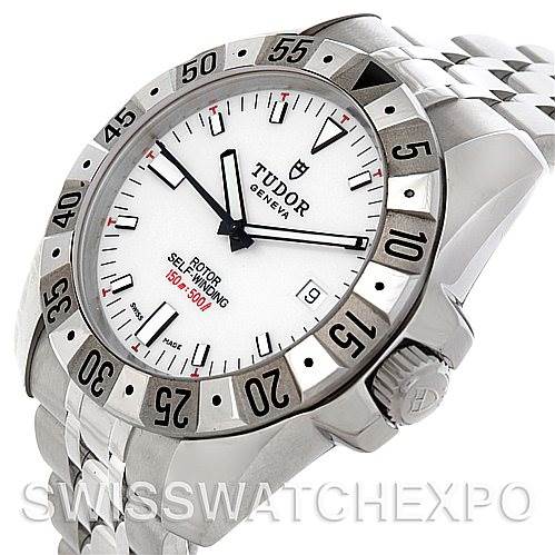 The image shows a Tudor Hydronaut 20020 Men's Stainless Steel White Dial 20020 Men's Stainless Steel White Dial watch at an angled perspective, highlighting the dial, bezel, crown, and part of the metal bracelet.