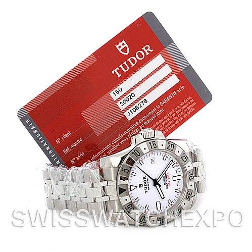 The image shows a Tudor Hydronaut 20020 Men's Stainless Steel White Dial 20020 Men's Stainless Steel White Dial watch with a white dial and a silver metal band, displayed alongside its certification card.