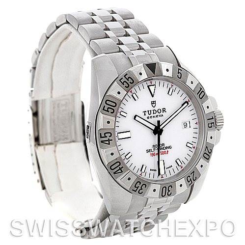 The image shows a Tudor Hydronaut 20020 Men's Stainless Steel White Dial 20020 Men's Stainless Steel White Dial watch at a three-quarter angle, highlighting the bezel, dial, bracelet, and crown.