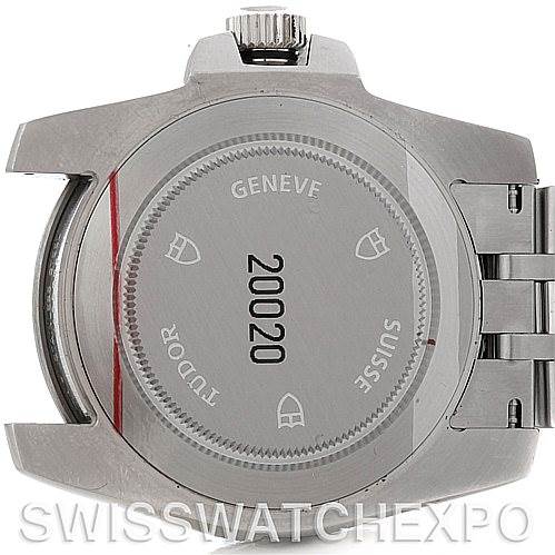 This image shows the back case of a Tudor Hydronaut 20020 Men's Stainless Steel White Dial 20020 Men's Stainless Steel White Dial watch, featuring the model number and brand engravings.