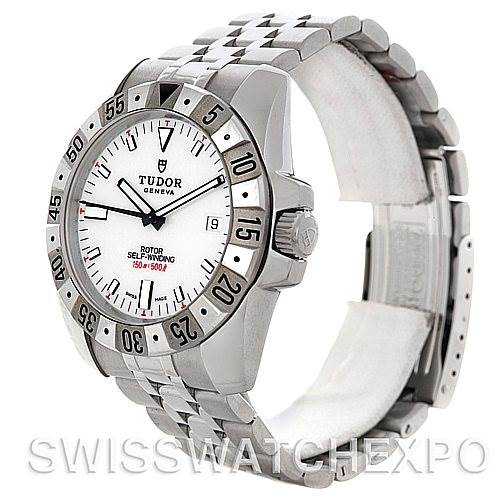 The image shows a Tudor Hydronaut 20020 Men's Stainless Steel White Dial 20020 Men's Stainless Steel White Dial watch from a front angle highlighting its bezel, crown, white dial, and bracelet.