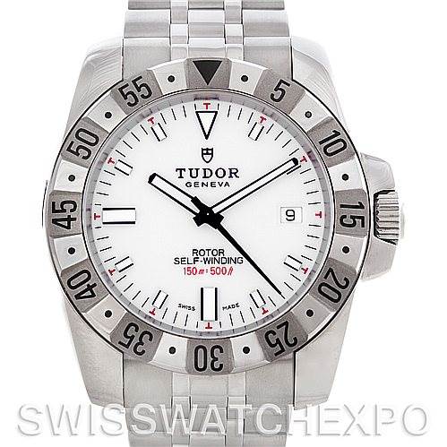 The image shows a front view of the Tudor Hydronaut 20020 Men's Stainless Steel White Dial 20020 Men's Stainless Steel White Dial watch, displaying its dial, bezel, crown, and part of the bracelet.