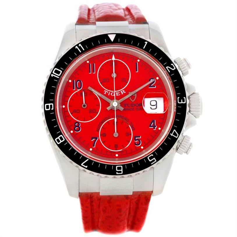This Tudor Tiger 79270 Men's Stainless Steel Red Dial 79270 Men's Stainless Steel Red Dial model watch is shown from the front, displaying the red dial, chronograph subdials, date window, and red strap.
