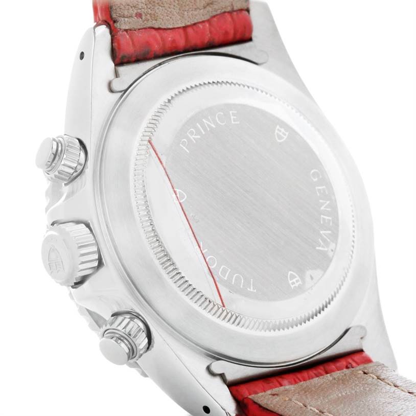 The image shows the back case and side controls of a Tudor Tiger 79270 Men's Stainless Steel Red Dial 79270 Men's Stainless Steel Red Dial model watch.