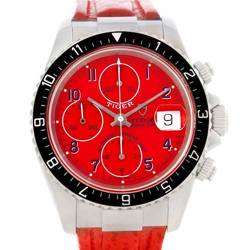 Photo of Tudor Tiger Woods Chronograph Steel Red Leather Strap Watch 79270