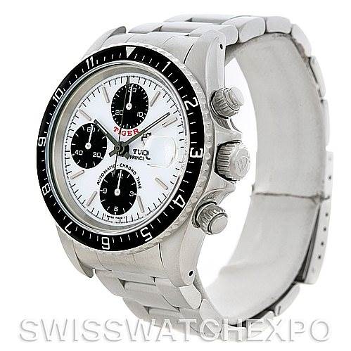 The image shows a Tudor Tiger 79280 Men
s Stainless Steel White Dial 79280 Men
s Stainless Steel White Dial model watch from a three-quarter angle, highlighting the face, bezel, and chronograph buttons.