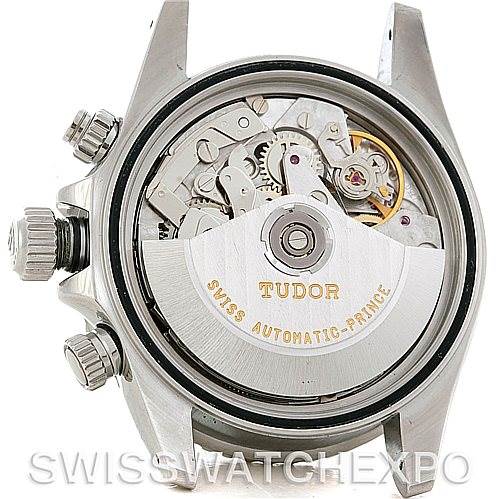 The image shows the internal mechanics and movement of a Tudor Tiger 79280 Men
s Stainless Steel White Dial 79280 Men
s Stainless Steel White Dial model watch from a rear angle with the back casing removed.