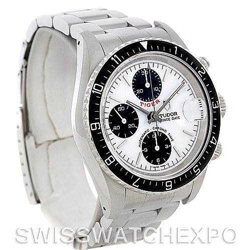 The Tudor Tiger 79280 Men
s Stainless Steel White Dial 79280 Men
s Stainless Steel White Dial watch is shown at a slight angle, displaying its face, bezel, and bracelet.