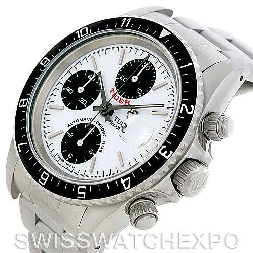 The image shows a Tudor Tiger 79280 Men
s Stainless Steel White Dial 79280 Men
s Stainless Steel White Dial model watch from an angled side view, highlighting the face, bezel, and crown.