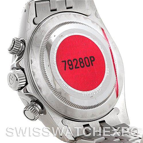 The image shows the back case and part of the bracelet of a Tudor Prince 79280 Men's Stainless Steel Black Dial 79280 Men's Stainless Steel Black Dial model watch, with a red sticker displaying "79280P."