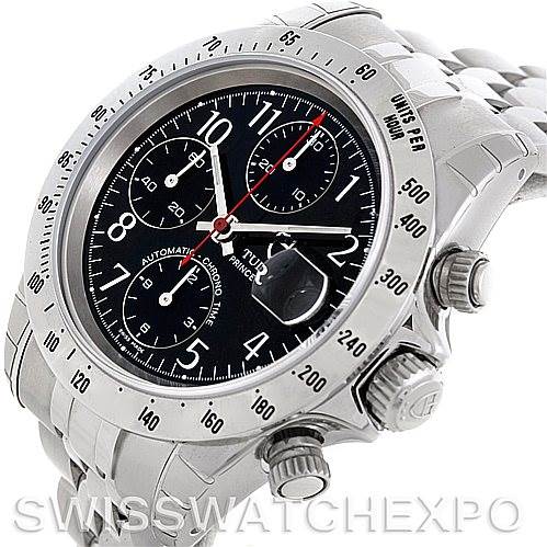 The watch, a Tudor Prince 79280 Men's Stainless Steel Black Dial 79280 Men's Stainless Steel Black Dial model, is shown at a slight angle emphasizing the face, bezel, crown, and chronograph buttons.