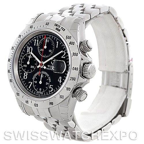 The image shows a Tudor Prince 79280 Men's Stainless Steel Black Dial 79280 Men's Stainless Steel Black Dial model watch at a three-quarter angle, highlighting the bezel, dial, chronograph, and bracelet.