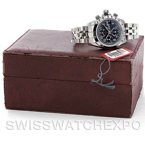 The image shows a Tudor Prince 79280 Men's Stainless Steel Black Dial 79280 Men's Stainless Steel Black Dial model watch taken from a slightly elevated angle, resting on a brown watch box.