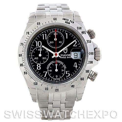 The image shows a frontal view of a Tudor Prince 79280 Men's Stainless Steel Black Dial 79280 Men's Stainless Steel Black Dial model watch, featuring its face, bezel, and metal bracelet.